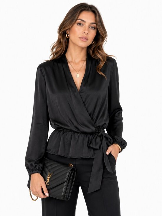 Michael Kors Tops - Michael Kors Satin Blouse Womens 12 Black Tie Neck Long Sleeve Career Work‎ Chic